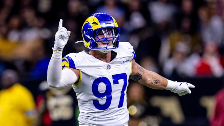 Dec 1, 2024; New Orleans, Louisiana, USA;  Los Angeles Rams linebacker Michael Hoecht (97) reacts to a fourth down stop in the final minute against the New Orleans Saints during the second half at Caesars Superdome. Mandatory Credit: Stephen Lew-Imagn Images