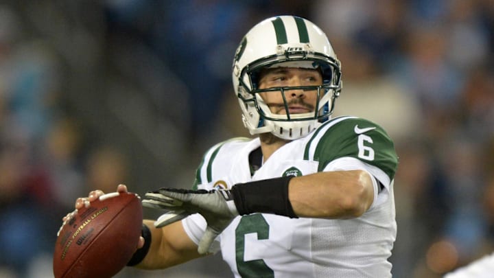 Dec 17, 2012; Nashville, TN, USA; New York Jets quarterback Mark Sanchez (6) throws a pass against the Tennessee Titans at LP Field. The Titans defeated the Jet 14-10. Mandatory Credit: Kirby Lee/Image of Sport-Imagn Images