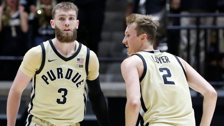 Purdue Boilermakers guard Braden Smith (3) high-fives guard Fletcher Loyer (2)