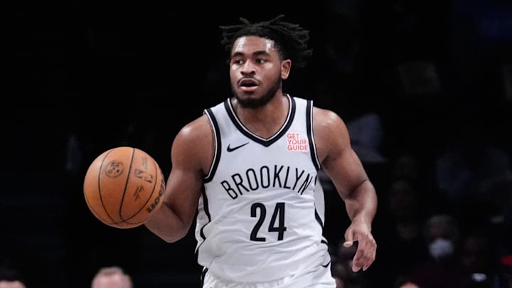 Oct 14, 2024; Brooklyn, New York, USA; Brooklyn Nets small guard Cam Thomas (24) dribbles the ball up the court against the Washington Wizards during the first half at Barclays Center. Mandatory Credit: Gregory Fisher-Imagn Images