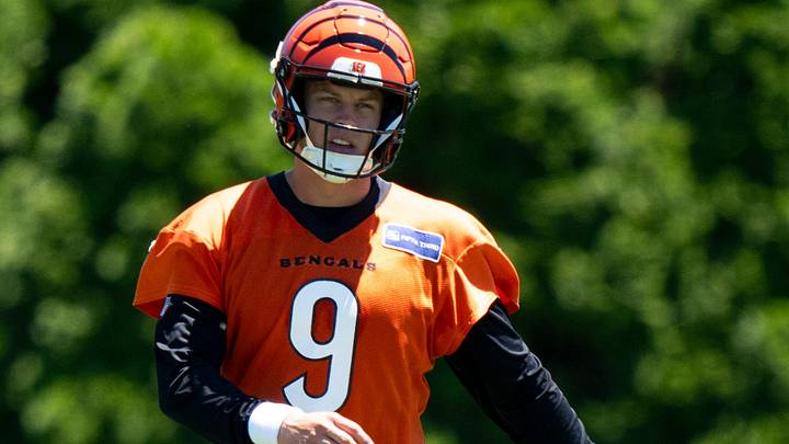 Cincinnati Bengals quarterback Joe Burrow (9) walks the field during spring practice on at the Kettering Practice Fields on Tuesday, June 2, 2026.
