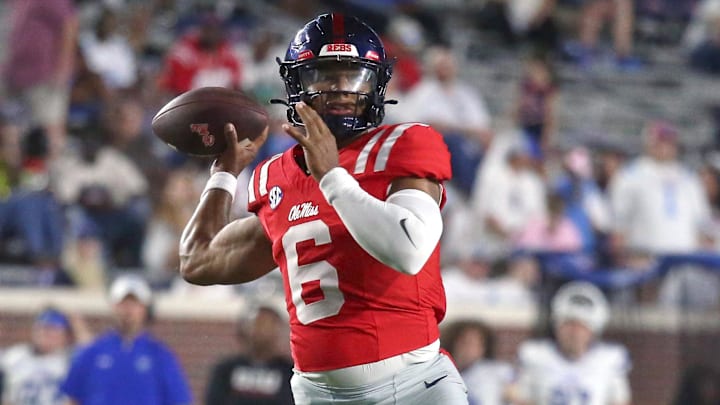 Aug 30, 2025; Oxford, Mississippi, USA; Mississippi Rebels quarterback Trinidad Chambliss (6) passes the ball during the fourth quarter against the Georgia State Panthers at Vaught-Hemingway Stadium. Mandatory Credit: Petre Thomas-Imagn Images Aug 30, 2025; Oxford, Mississippi, USA; Mississippi Rebels quarterback Trinidad Chambliss (6) passes the ball during the fourth quarter against the Georgia State Panthers at Vaught-Hemingway Stadium. Mandatory Credit: Petre Thomas-Imagn Images