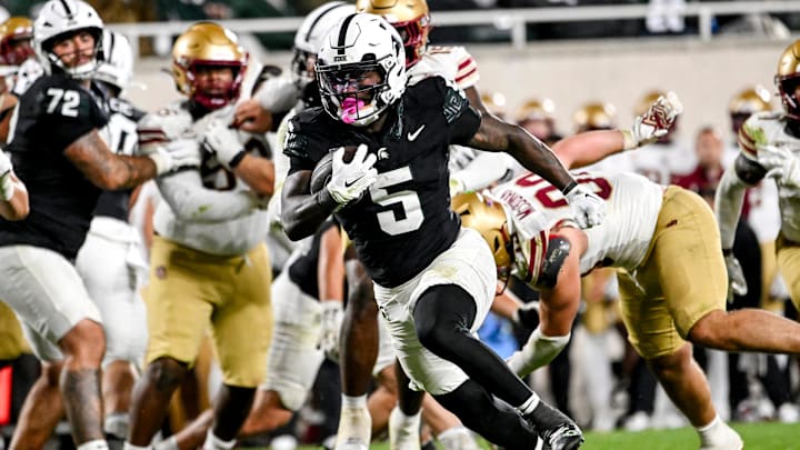 Michigan State's Makhi Frazier runs for a gain against Boston College during the second overtime on Saturday, Sept. 6, 2025, at Spartan Stadium in East Lansing.