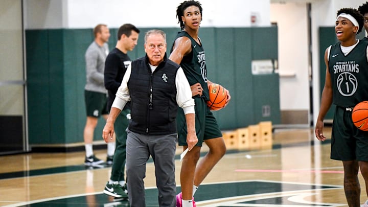Michigan State's coach Tom Izzo looks on during the first day of basketball practice on Monday, Sept. 22, 2025, at the Breslin Center in East Lansing.