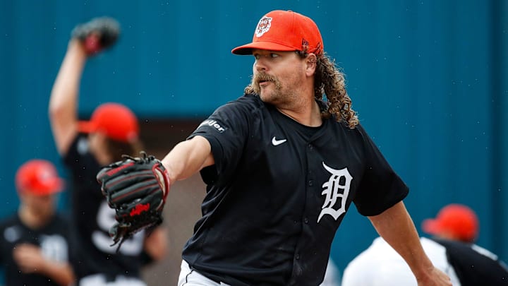 Detroit Tigers pitcher Andrew Chafin throws during spring training at TigerTown in Lakeland, Fla. on Saturday, Feb. 17, 2024.