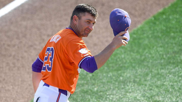 Clemson Head Coach Erik Bakich waves to the crowd before the game with University of Louisville at Doug Kingsmore Stadium in Clemson, S.C. Friday, April 18, 2025.