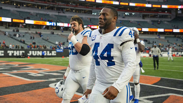 Indianapolis Colts guard Quenton Nelson (56) and linebacker Zaire Franklin (44) leave the field after losing to the Bengals on Sunday, Dec. 10, 2023, after Paycor Stadium in Cincinnati. The Colts lost, 14-34.