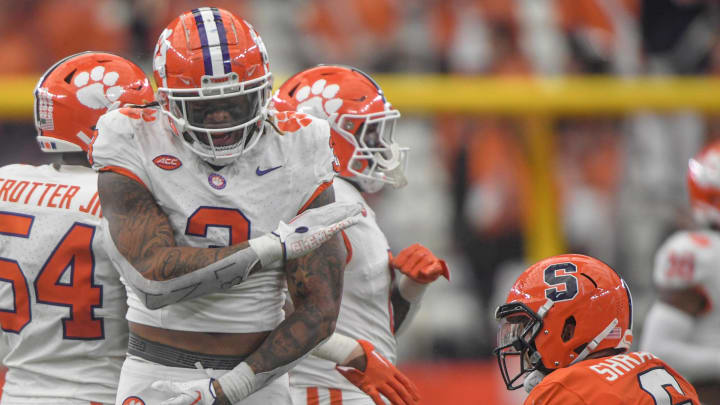 Sep 30, 2023; Syracuse, New York, USA; Clemson defensive end Xavier Thomas (3) celebrates sacking