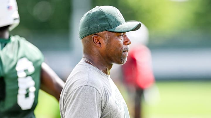 Michigan State's wide receivers coach Courtney Hawkins looks on during the first day of football camp on Tuesday, July 30, 2024, in East Lansing.