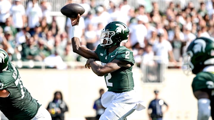 Michigan State's Aidan Chiles throws a touchdown pass against Prairie View A&M during the first quarter on Saturday, Sept. 14, 2024, at Spartan Stadium in East Lansing.