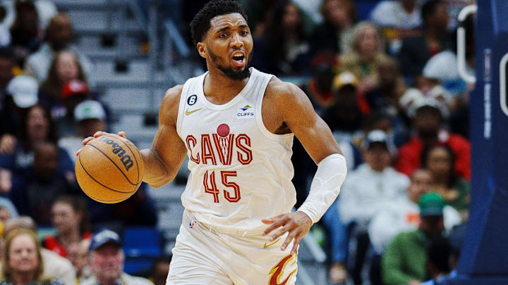 Feb 10, 2023; New Orleans, Louisiana, USA; Cleveland Cavaliers guard Donovan Mitchell (45) yells up the court against the New Orleans Pelicans during the second quarter at Smoothie King Center. Mandatory Credit: Andrew Wevers-Imagn Images