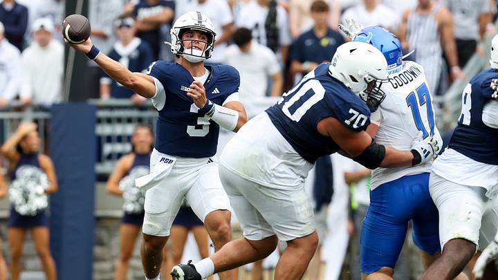 Penn State Nittany Lions quarterback Rocco Becht (3) throws a pass during the second quarter against the Buffalo Bulls at Beaver Stadium. Penn State Nittany Lions quarterback Rocco Becht (3) throws a pass during the second quarter against the Buffalo Bulls at Beaver Stadium.