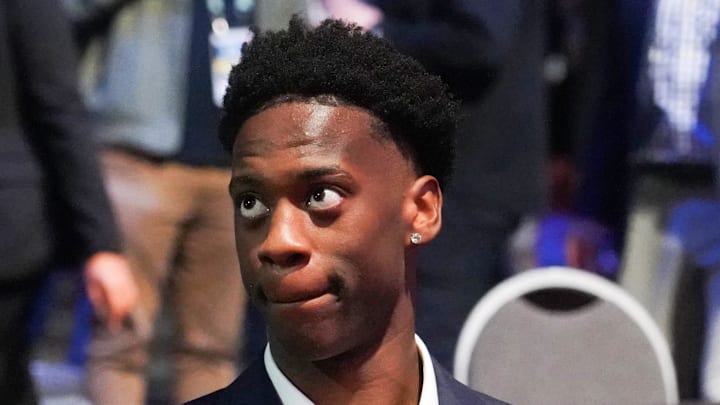 May 10, 2026; Chicago, IL, USA; BYU AJ Dybantsa sits during the 2026 NBA Draft Lottery at Navy Pier. Mandatory Credit: David Banks-Imagn Images