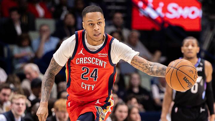 Apr 7, 2026; New Orleans, Louisiana, USA; New Orleans Pelicans guard Jordan Hawkins (24) dribbles the ball court against the Utah Jazz during the first half at Smoothie King Center. Mandatory Credit: Stephen Lew-Imagn Images Apr 7, 2026; New Orleans, Louisiana, USA; New Orleans Pelicans guard Jordan Hawkins (24) dribbles the ball court against the Utah Jazz during the first half at Smoothie King Center. Mandatory Credit: Stephen Lew-Imagn Images