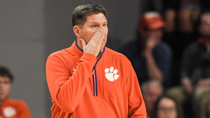 Feb 8, 2025; Clemson, South Carolina, USA; Clemson Tigers head coach Brad Brownell reacts during the first half against the Duke Blue Devils.