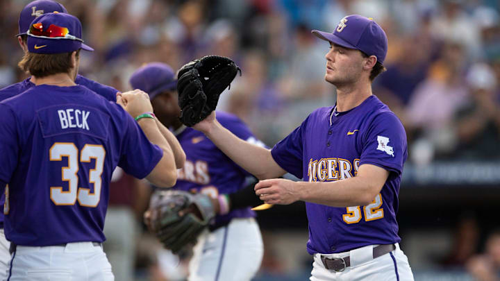 LSU Tigers' Kade Anderson (32) celebrates the end of an inning as LSU Tigers take on Texas A&M Aggies during the SEC baseball tournament at Hoover Met in Birmingham, Ala., on Friday, May 23, 2025.