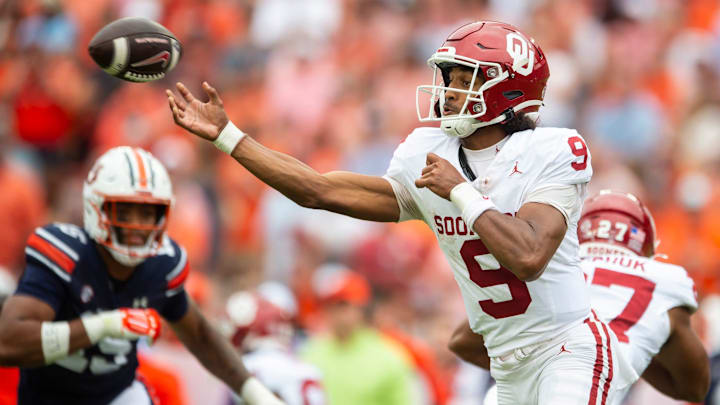 Oklahoma Sooners quarterback Michael Hawkins Jr. (9) throws the ball as Auburn Tigers take on Oklahoma Sooners at Jordan-Hare Stadium in Auburn, Ala., on Saturday, Sept. 28, 2024.