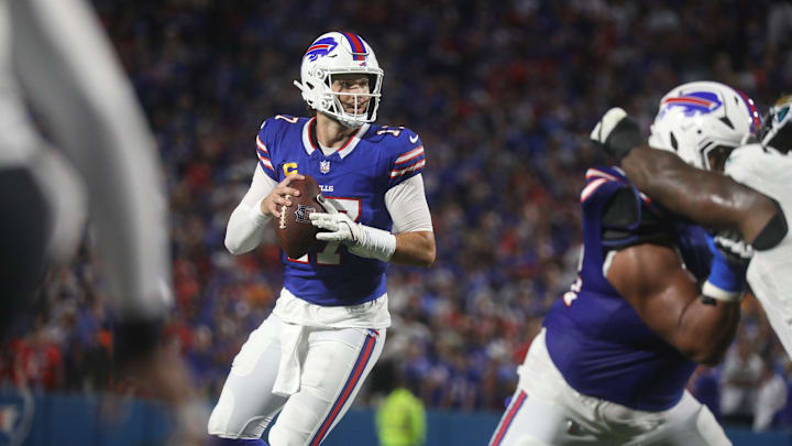Bills quarterback Josh Allen looks for an open receiver during first half action at Highmark Stadium in Orchard Park on Sept. 23, 2024. Bills quarterback Josh Allen looks for an open receiver during first half action at Highmark Stadium in Orchard Park on Sept. 23, 2024.