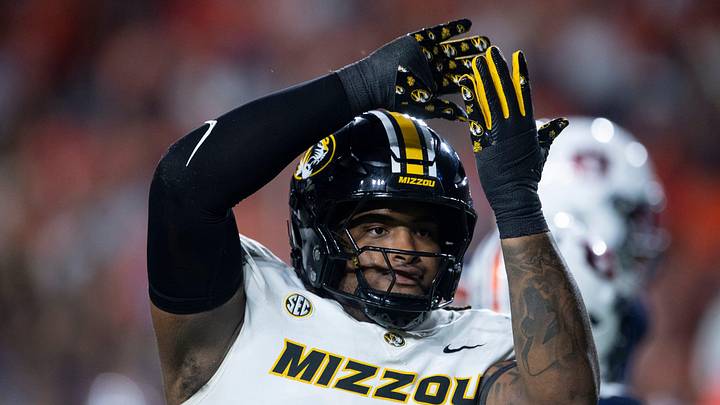 Missouri Tigers defensive tackle Chris McClellan (7) celebrates his sack as Auburn Tigers take on Missouri Tigers at Jordan-Hare Stadium in Auburn, Ala. on Saturday, Oct. 18, 2025. Missouri Tigers lead Auburn Tigers 10-7 at halftime. Missouri Tigers defensive tackle Chris McClellan (7) celebrates his sack as Auburn Tigers take on Missouri Tigers at Jordan-Hare Stadium in Auburn, Ala. on Saturday, Oct. 18, 2025. Missouri Tigers lead Auburn Tigers 10-7 at halftime.