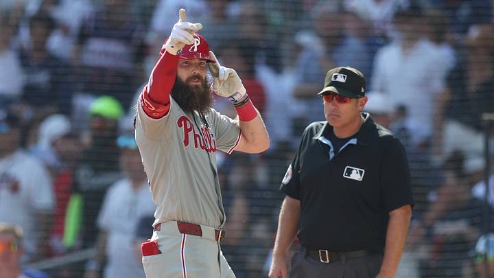 Sep 30, 2026; Cumberland, Georgia, USA; Philadelphia Phillies outfielder Brandon Marsh (16) celebrates after hitting a single against the Atlanta Braves in the sixth inning during game two of the Wildcard round for the 2026 MLB Playoffs at Truist Park. Mandatory Credit: Brett Davis-Imagn Images Sep 30, 2026; Cumberland, Georgia, USA; Philadelphia Phillies outfielder Brandon Marsh (16) celebrates after hitting a single against the Atlanta Braves in the sixth inning during game two of the Wildcard round for the 2026 MLB Playoffs at Truist Park. Mandatory Credit: Brett Davis-Imagn Images
