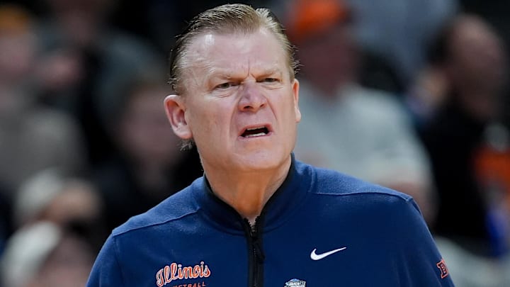 Mar 19, 2026; Greenville, SC, USA; Illinois Fighting Illini head coach Brad Underwood reacts to a play against the Penn Quakers in the first half of a first round game of the men's 2026 NCAA Tournament at Bon Secours Wellness Arena. Mandatory Credit: Jim Dedmon-Imagn Images