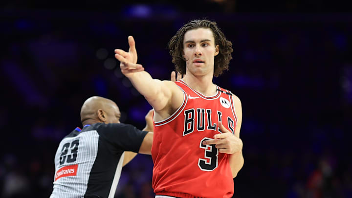 Feb 24, 2025; Philadelphia, Pennsylvania, USA; Chicago Bulls guard Josh Giddey (3) reacts after his three pointer against the Philadelphia 76ers during the fourth quarter at Wells Fargo Center. Mandatory Credit: Bill Streicher-Imagn Images