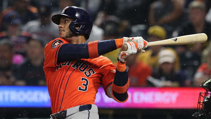 Jun 5, 2025; Pittsburgh, Pennsylvania, USA;  Houston Astros shortstop Jeremy Pena (3) hits an RBI double against the Pittsburgh Pirates during the seventh inning at PNC Park. 
