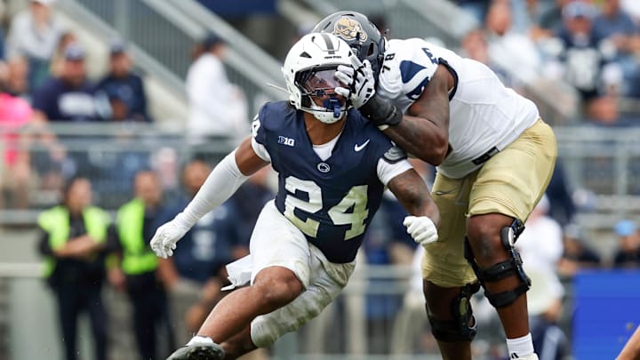 Penn State Nittany Lions linebacker Amare Campbell (24) attempts to get around Florida International Panthers offensive lineman Jaleel Davis (78) during the fourth quarter at Beaver Stadium. 
