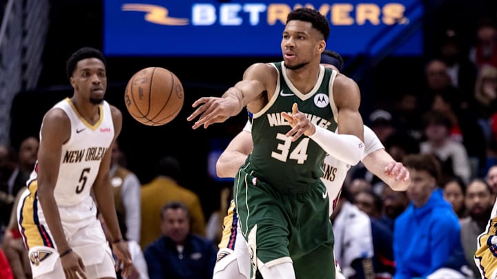 Mar 28, 2024; New Orleans, Louisiana, USA;  Milwaukee Bucks forward Giannis Antetokounmpo (34) passes the ball against the New Orleans Pelicans during the second half at Smoothie King Center. Mandatory Credit: Stephen Lew-Imagn Images