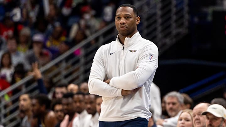 Nov 12, 2025; New Orleans, Louisiana, USA: New Orleans Pelicans Head Coach Willie Green looks on against the Portland Trail Blazers during the second half at Smoothie King Center. Mandatory Credit: Stephen Lew-Imagn Images