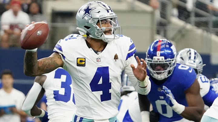 Dallas Cowboys quarterback Dak Prescott looks to pass the ball against the New York Giants.
