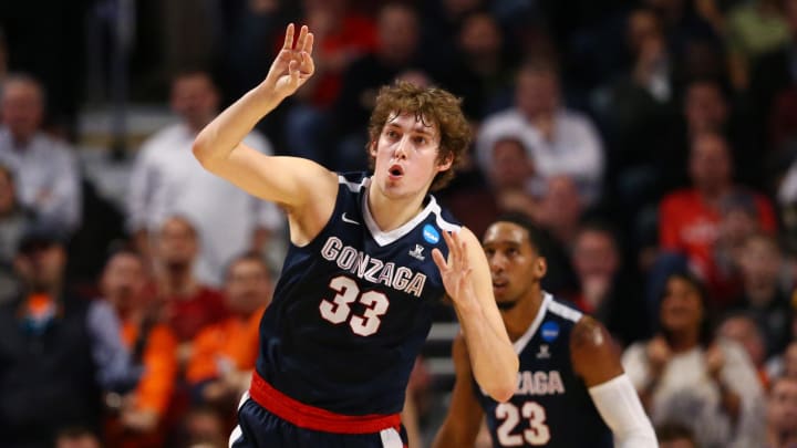 Mar 25, 2016; Chicago, IL, USA; Gonzaga Bulldogs forward Kyle Wiltjer (33) reacts against the Syracuse Orange during the first half in a semifinal game in the Midwest regional of the NCAA Tournament at United Center. Mandatory Credit: Dennis Wierzbicki-USA TODAY Sports