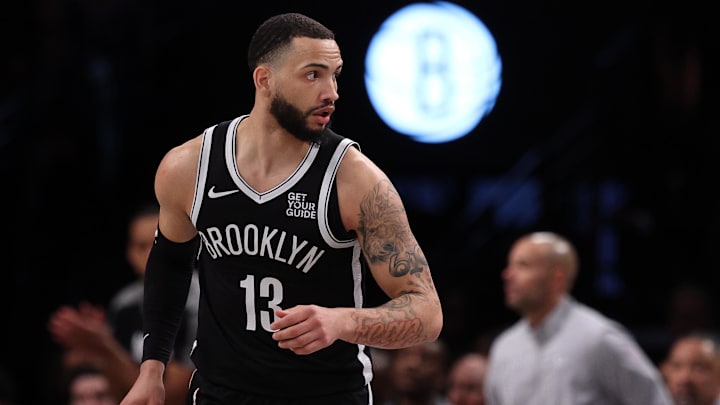Apr 13, 2025; Brooklyn, New York, USA; Brooklyn Nets guard Tyrese Martin (13) reacts after a basket against the New York Knicks during the first half at Barclays Center. Mandatory Credit: Vincent Carchietta-Imagn Images