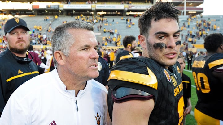 Nov 14, 2015; Tempe, AZ, USA; Arizona State Sun Devils head coach Todd Graham celebrates with quarterback Mike Bercovici (2) after beating the Washington Huskies 27-17 at Sun Devil Stadium. Mandatory Credit: Matt Kartozian-Imagn Images