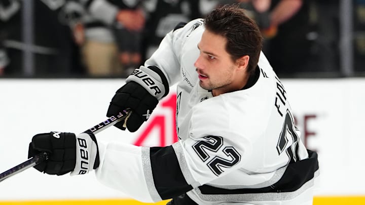 Oct 22, 2024; Las Vegas, Nevada, USA; Los Angeles Kings left wing Kevin Fiala (22) warms up before a game against the Vegas Golden Knights at T-Mobile Arena. Mandatory Credit: Stephen R. Sylvanie-Imagn Images