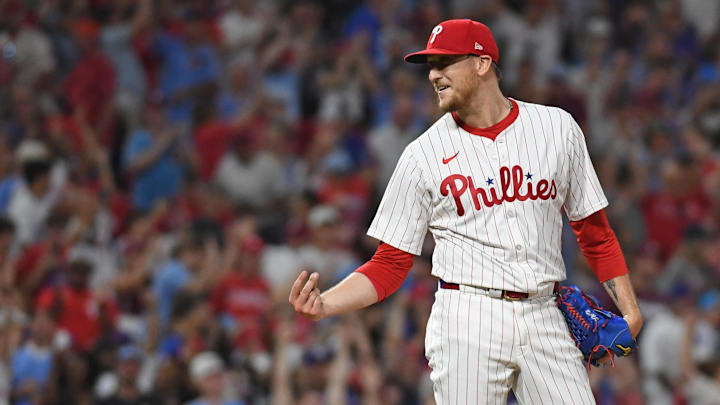 Jul 10, 2024; Philadelphia, Pennsylvania, USA; Philadelphia Phillies pitcher Jeff Hoffman (23) celebrates final out against the Los Angeles Dodgers at Citizens Bank Park. Mandatory Credit: Eric Hartline-Imagn Images
