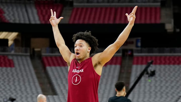 Alabama Crimson Tide guard Mark Sears (1) celebrates during practice for the Final Four at State Farm Stadium on Friday, April 5, 2024.