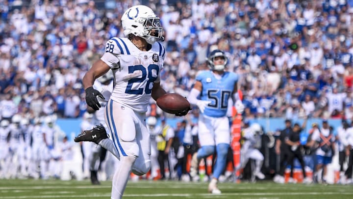 Indianapolis Colts running back Jonathan Taylor (28) scores a touchdown during the fourth quarter at Nissan Stadium. Indianapolis Colts running back Jonathan Taylor (28) scores a touchdown during the fourth quarter at Nissan Stadium.