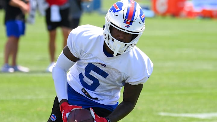 Jun 14, 2022; Orchard Park, New York, USA; Buffalo Bills wide receiver Marquez Stevenson (5) runs