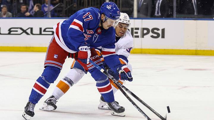 Sep 22, 2026; New York, New York, USA; New York Rangers right wing Eeli Tolvanen (17) and New York Islanders forward Kashawn Aitcheson (37) during the game at Madison Square Garden. Mandatory Credit: Wendell Cruz-Imagn Images Sep 22, 2026; New York, New York, USA; New York Rangers right wing Eeli Tolvanen (17) and New York Islanders forward Kashawn Aitcheson (37) during the game at Madison Square Garden. Mandatory Credit: Wendell Cruz-Imagn Images