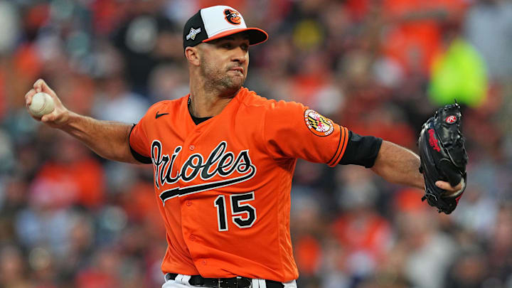 Oct 8, 2023; Baltimore, Maryland, USA; Baltimore Orioles starting pitcher Jack Flaherty (15) pitches during the fifth inning against the Texas Rangers during game two of the ALDS for the 2023 MLB playoffs at Oriole Park at Camden Yards