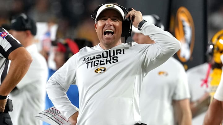Missouri Tigers head coach Eliah Drinkwitz laughs on the sidelines, during a game against the UMass Minutemen this season.