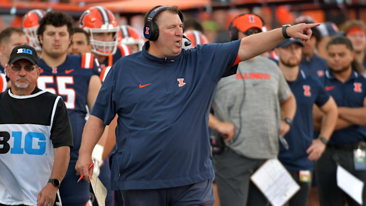 Sep 23, 2023; Champaign, Illinois, USA;  Illinois Fighting Illini head coach Bret Bielema during the second half against the Florida  Atlantic Owls at Memorial Stadium. Mandatory Credit: Ron Johnson-Imagn Images