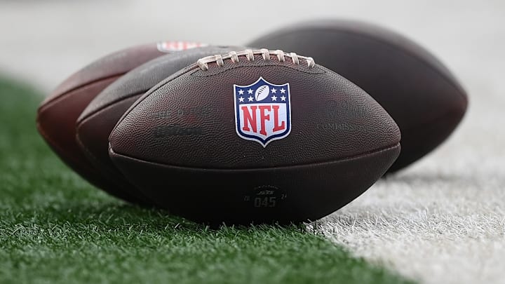 Aug 16, 2025; East Rutherford, New Jersey, USA; General view of the National Football League logo on footballs prior to the game between the New York Jets and the New York Giants at MetLife Stadium. Mandatory Credit: Rich Barnes-Imagn Images