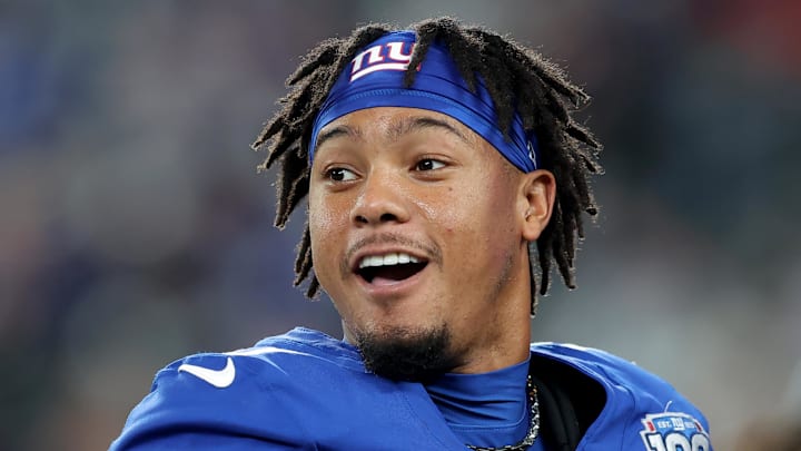 Oct 13, 2024; East Rutherford, New Jersey, USA; New York Giants wide receiver Wan'Dale Robinson (17) during warmups before a game against the Cincinnati Bengals at MetLife Stadium. Mandatory Credit: Brad Penner-Imagn Images Oct 13, 2024; East Rutherford, New Jersey, USA; New York Giants wide receiver Wan'Dale Robinson (17) during warmups before a game against the Cincinnati Bengals at MetLife Stadium. Mandatory Credit: Brad Penner-Imagn Images