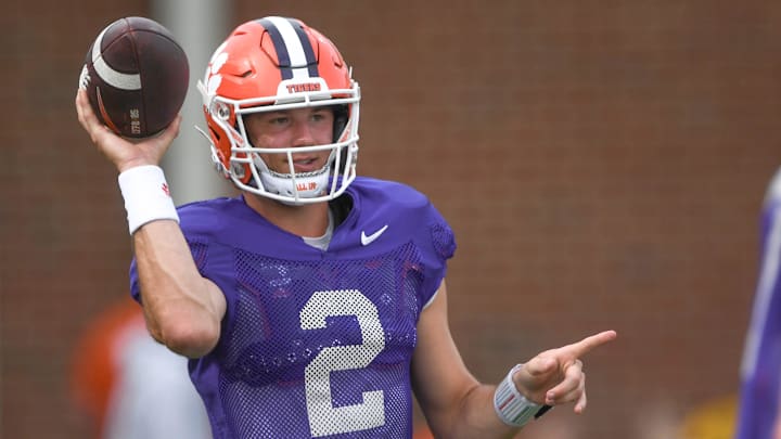 Clemson quarterback Cade Klubnik (2) passes during Spring Practice in Clemson, S.C. Monday, March 24, 2025.
