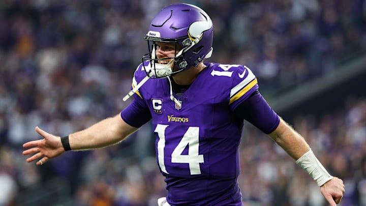 Dec 8, 2024; Minneapolis, Minnesota, USA; Minnesota Vikings quarterback Sam Darnold (14) celebrates running back Aaron Jones' (33) touchdown run against the Atlanta Falcons during the fourth quarter at U.S. Bank Stadium. Dec 8, 2024; Minneapolis, Minnesota, USA; Minnesota Vikings quarterback Sam Darnold (14) celebrates running back Aaron Jones' (33) touchdown run against the Atlanta Falcons during the fourth quarter at U.S. Bank Stadium.