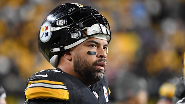 Nov 2, 2023; Pittsburgh, Pennsylvania, USA; Pittsburgh Steelers defensive end Cam Heyward watches the game against the Tennessee Titans during the second quarter at Acrisure Stadium. Mandatory Credit: Philip G. Pavely-Imagn Images