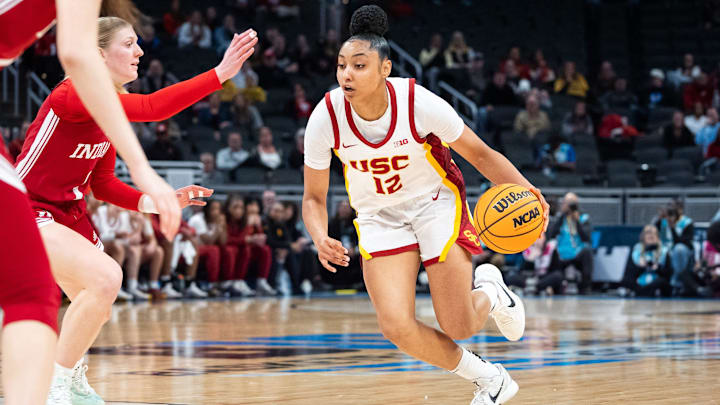 USC Trojans guard JuJu Watkins (12) drives Friday, March 7, 2025, agains the Indiana Hoosiers during the Big Ten women's tournament at Gainbridge Fieldhouse in Indianapolis.
