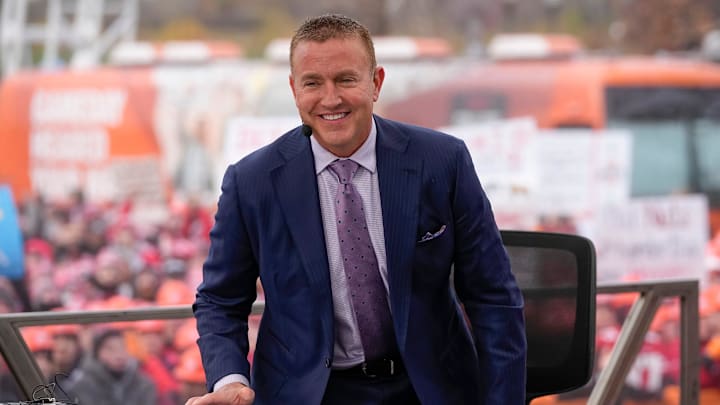 Kirk Herbstreit broadcasts from the ESPN College GameDay set prior to the NCAA football game between the Ohio State Buckeyes and the Indiana Hoosiers at Ohio Stadium in Columbus on Saturday, Nov. 23, 2024.